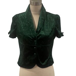 Emerald green crushed velvet cropped bolero blazer bow detail M